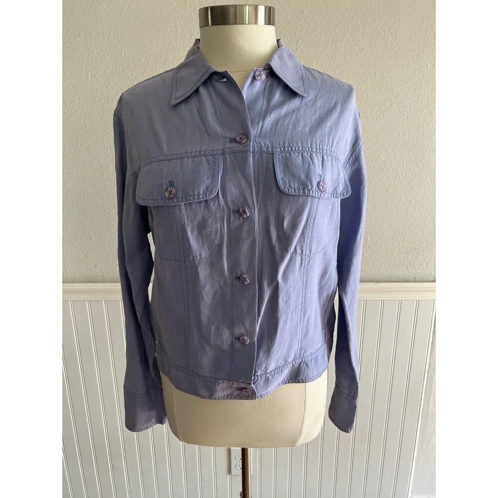 Debra DeRoo Collar Button Up Jacket Lightweight Silk Linen Blend Periwinkle S - Picture 2 of 12